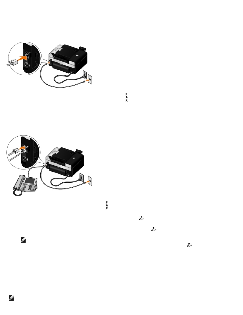 Setting up the, Printer with external devices, Setting up the printer with external devices | Connecting directly to a, Telephone wall jack, Connecting to a telephone, Connecting directly to a telephone wall jack, What if i have a digital subscriber line (dsl) | Dell V505 All In One Inkjet Printer User Manual | Page 138 / 173