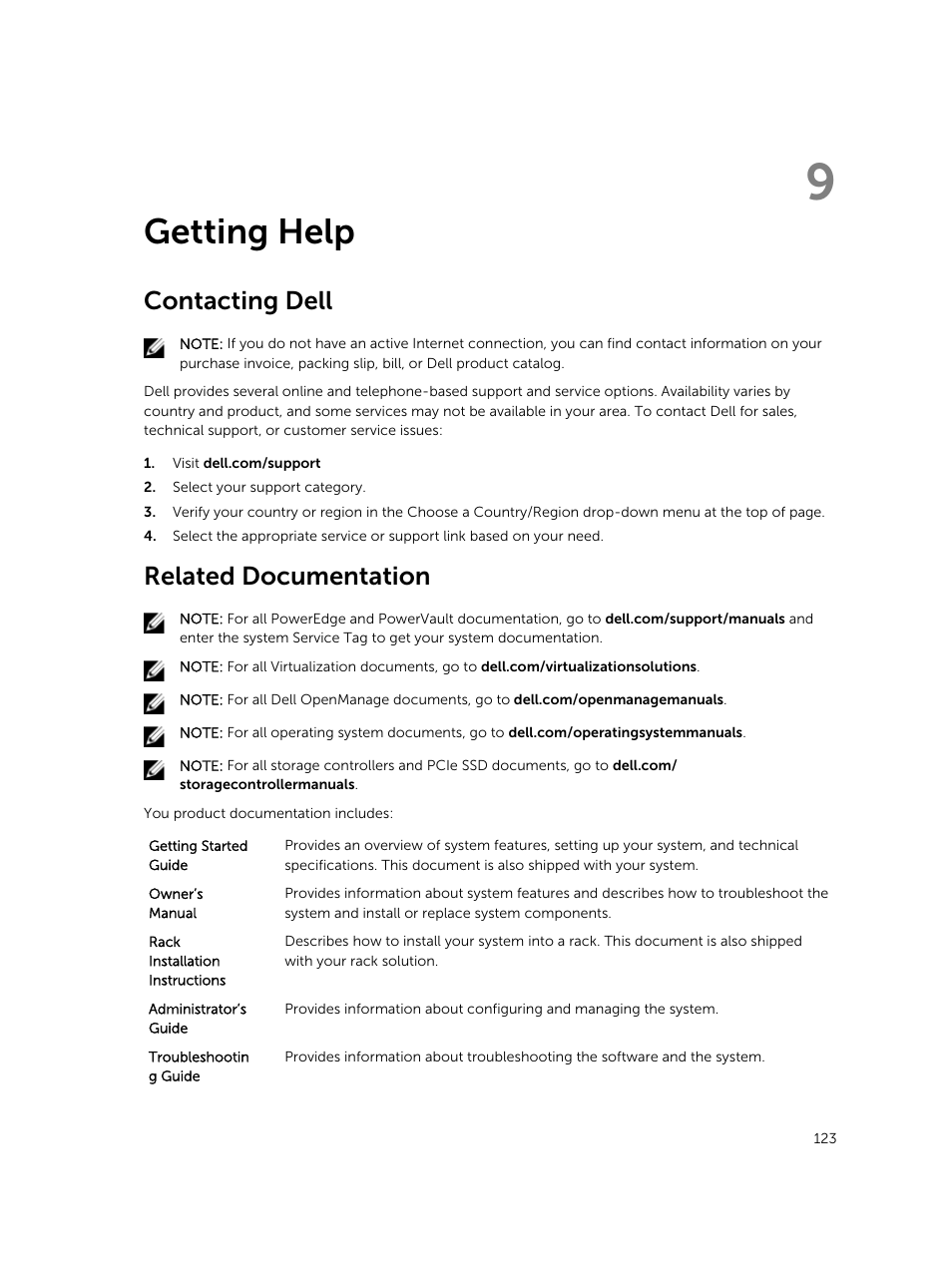 Getting help, Contacting dell, Related documentation | 9 getting help, Persists, see, If the problem persists, see, If the issue persists, see, Check system fans. if the problem persists, see, Getting, Help | Dell PowerVault DR6000 User Manual | Page 123 / 124