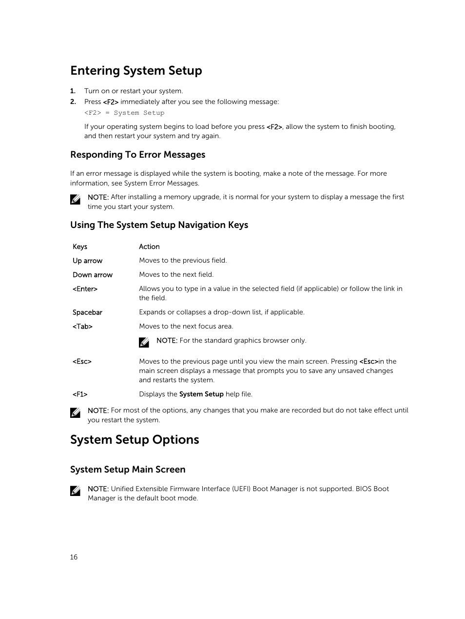 Entering system setup, Responding to error messages, Using the system setup navigation keys | System setup options, System setup main screen | Dell PowerVault DR6000 User Manual | Page 16 / 124