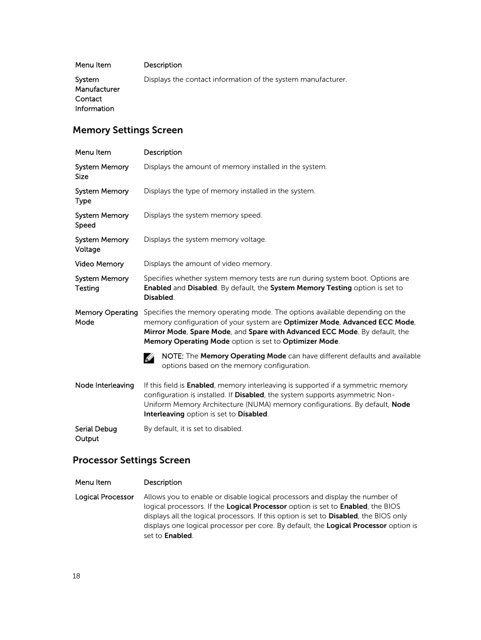 Memory settings screen, Processor settings screen | Dell PowerVault DR6000 User Manual | Page 18 / 124