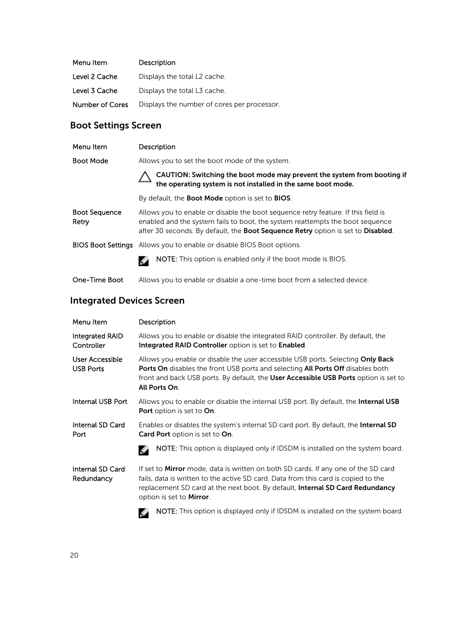 Boot settings screen, Integrated devices screen | Dell PowerVault DR6000 User Manual | Page 20 / 124