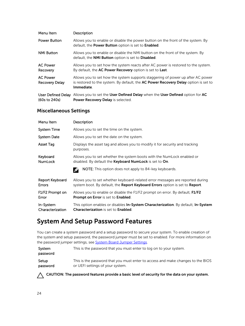 Miscellaneous settings, System and setup password features | Dell PowerVault DR6000 User Manual | Page 24 / 124
