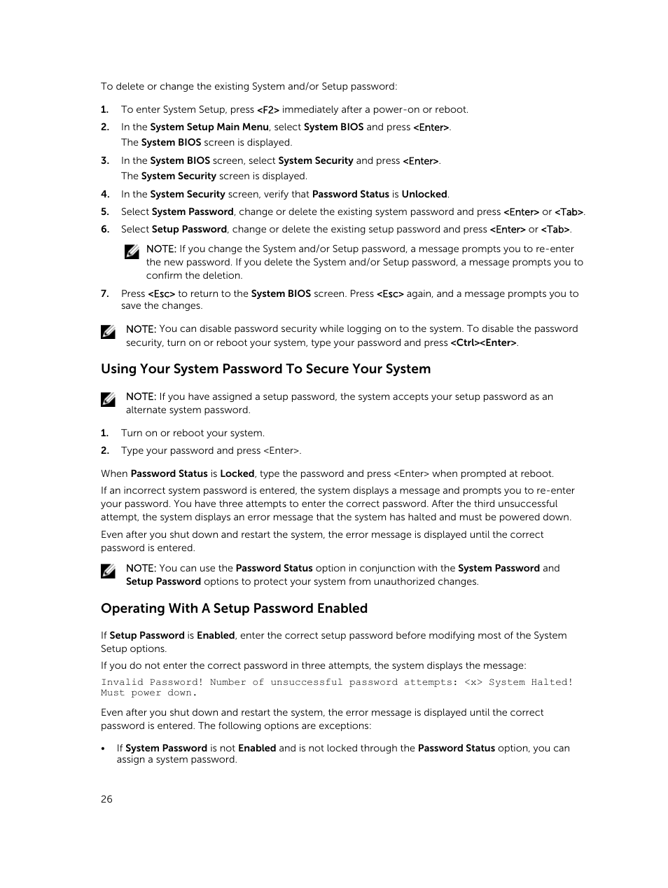 Using your system password to secure your system, Operating with a setup password enabled | Dell PowerVault DR6000 User Manual | Page 26 / 124