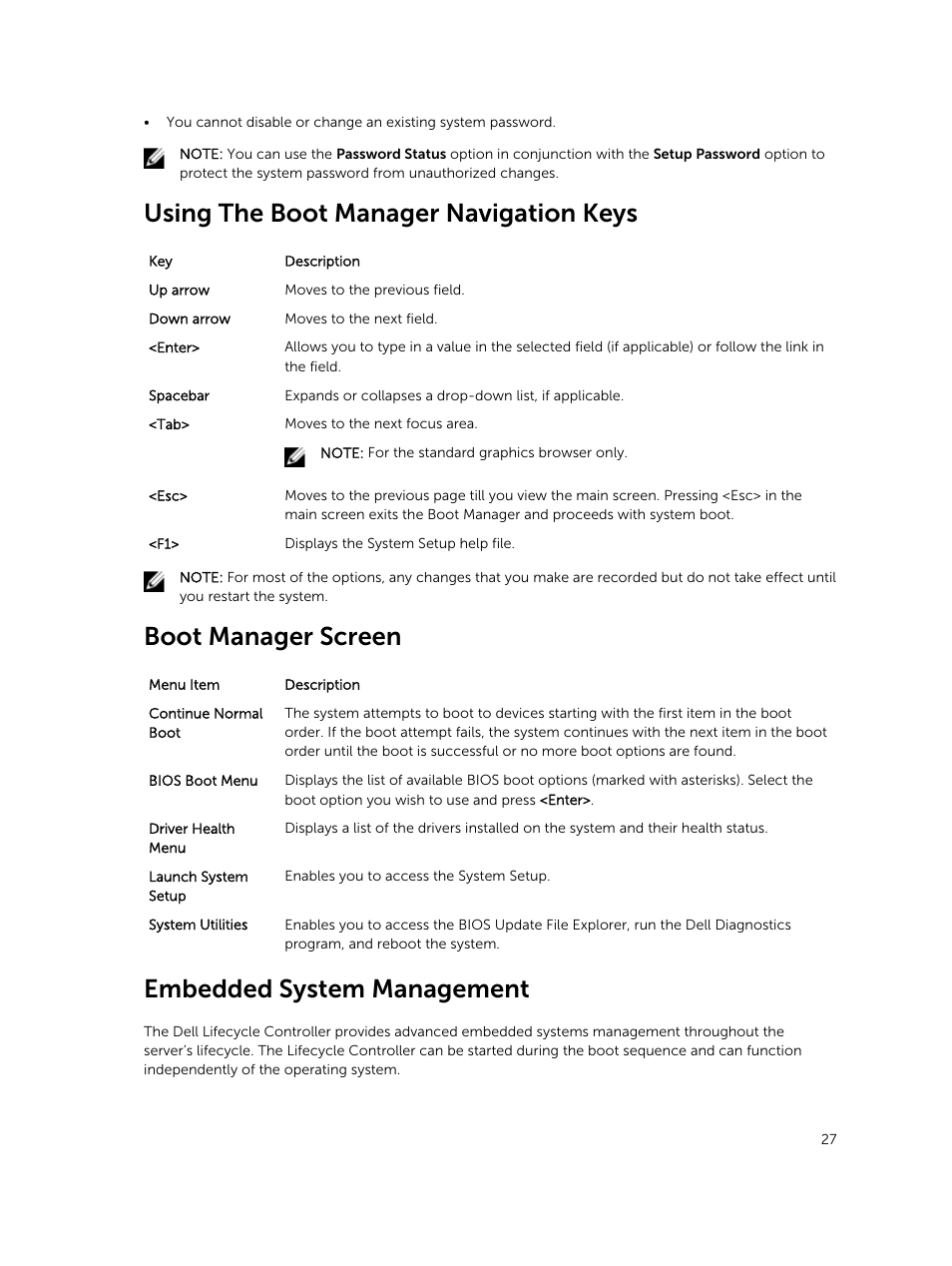 Using the boot manager navigation keys, Boot manager screen, Embedded system management | Dell PowerVault DR6000 User Manual | Page 27 / 124