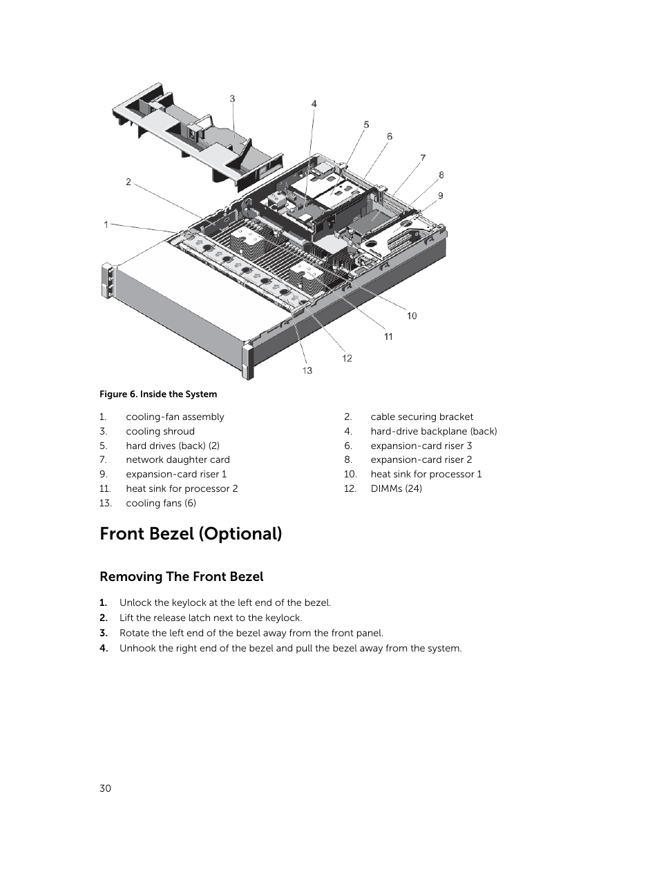 Front bezel (optional), Removing the front bezel | Dell PowerVault DR6000 User Manual | Page 30 / 124