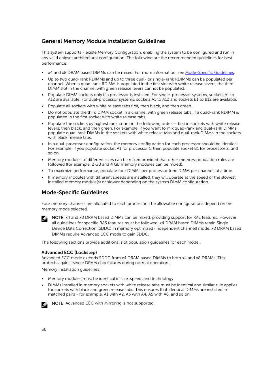 General memory module installation guidelines, Mode-specific guidelines | Dell PowerVault DR6000 User Manual | Page 36 / 124