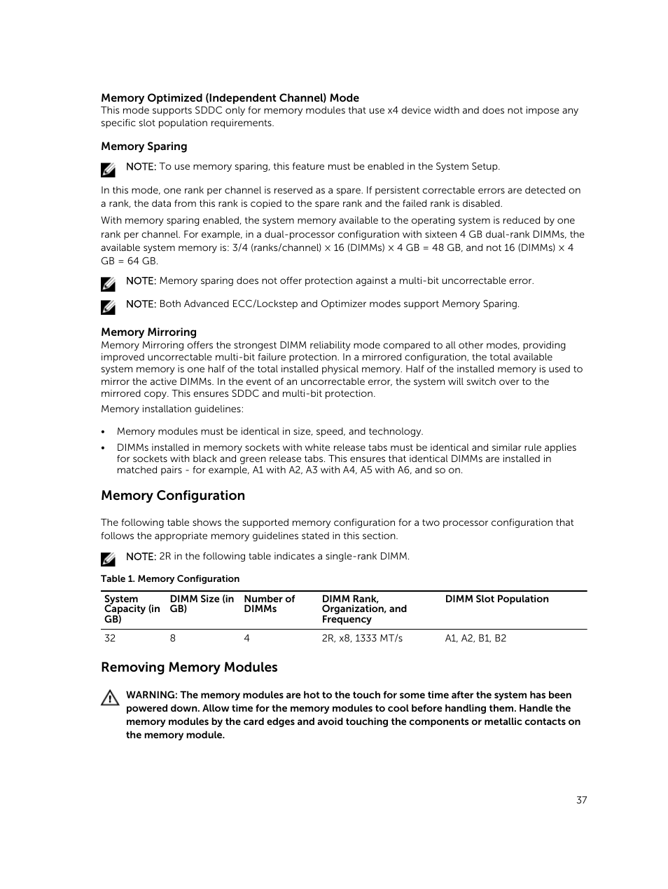 Memory configuration, Removing memory modules | Dell PowerVault DR6000 User Manual | Page 37 / 124