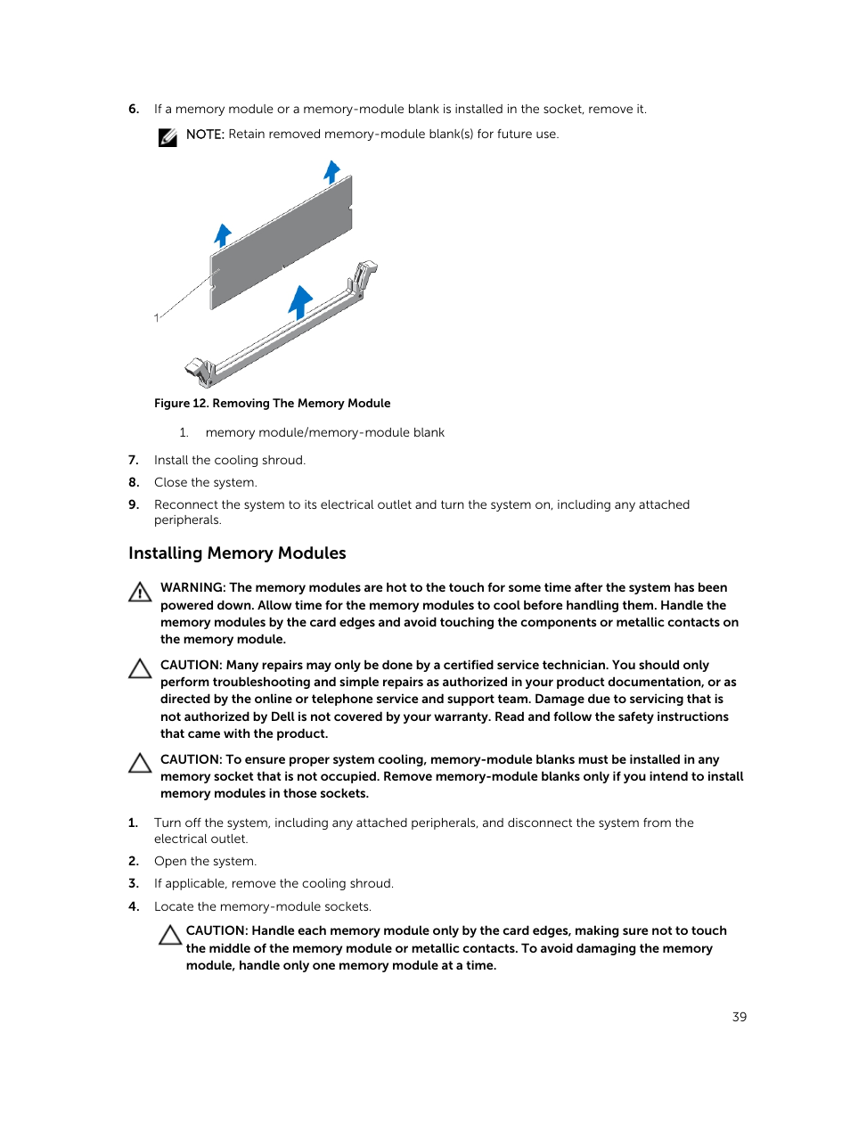 Installing memory modules | Dell PowerVault DR6000 User Manual | Page 39 / 124