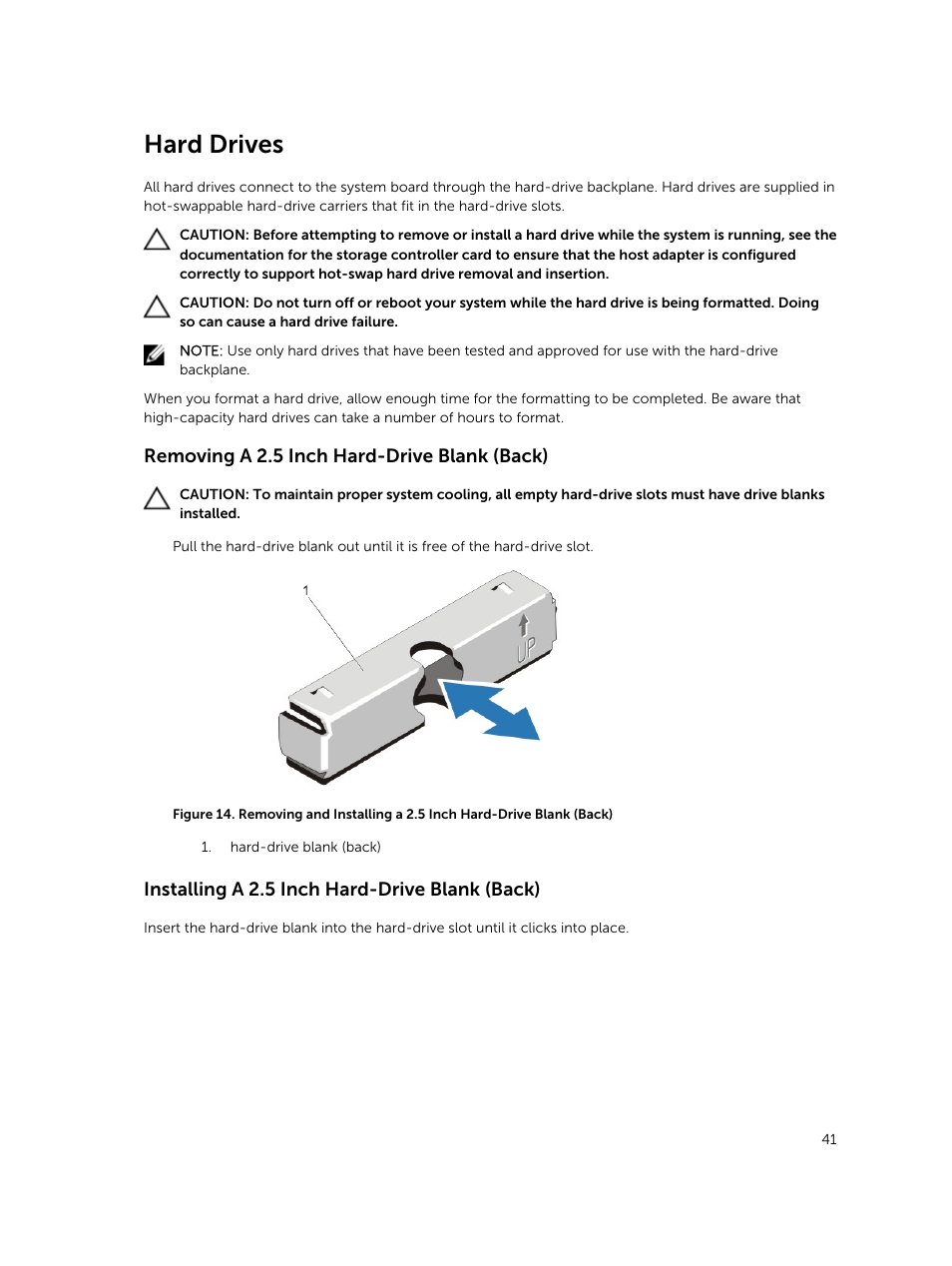 Hard drives, Removing a 2.5 inch hard-drive blank (back), Installing a 2.5 inch hard-drive blank (back) | Dell PowerVault DR6000 User Manual | Page 41 / 124