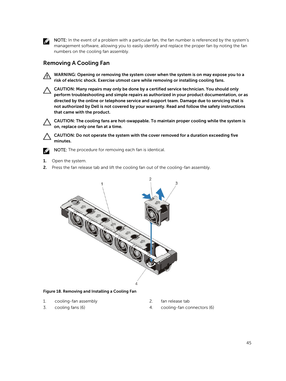 Removing a cooling fan | Dell PowerVault DR6000 User Manual | Page 45 / 124