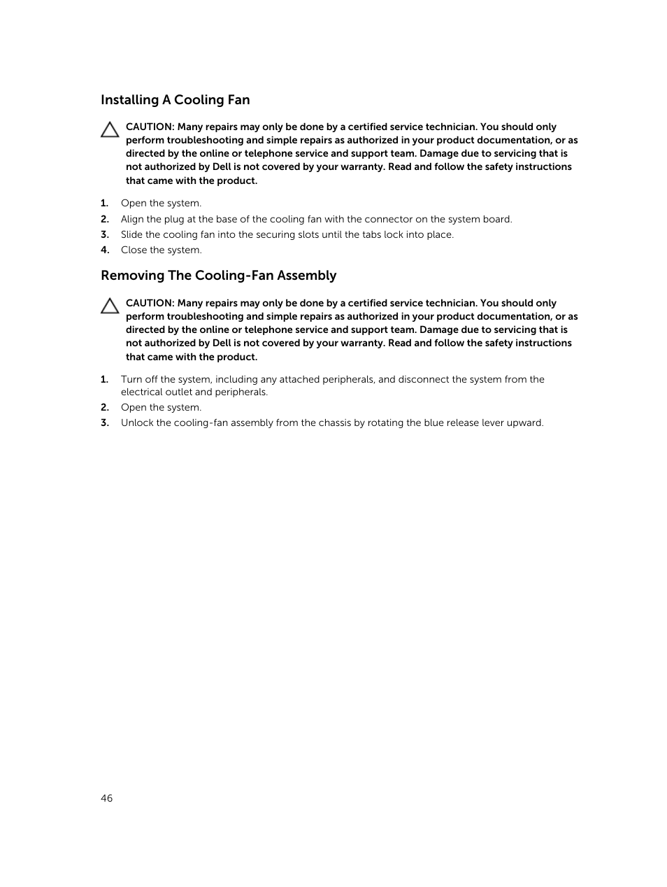 Installing a cooling fan, Removing the cooling-fan assembly | Dell PowerVault DR6000 User Manual | Page 46 / 124