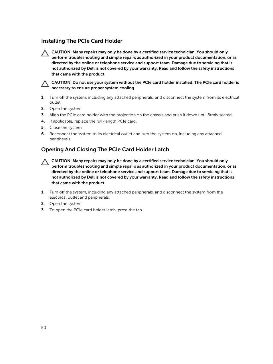 Installing the pcie card holder, Opening and closing the pcie card holder latch | Dell PowerVault DR6000 User Manual | Page 50 / 124