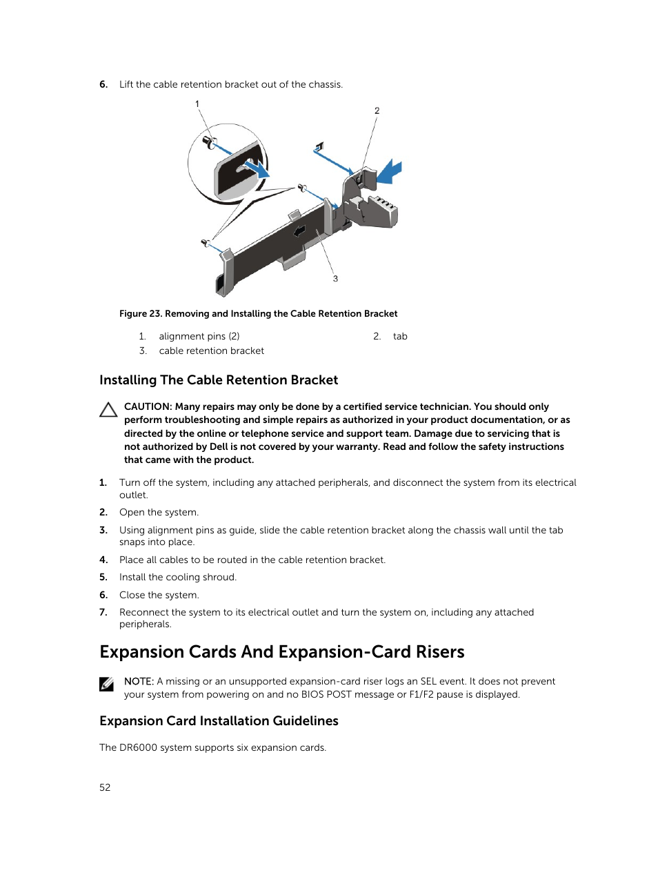 Installing the cable retention bracket, Expansion cards and expansion-card risers, Expansion card installation guidelines | Dell PowerVault DR6000 User Manual | Page 52 / 124