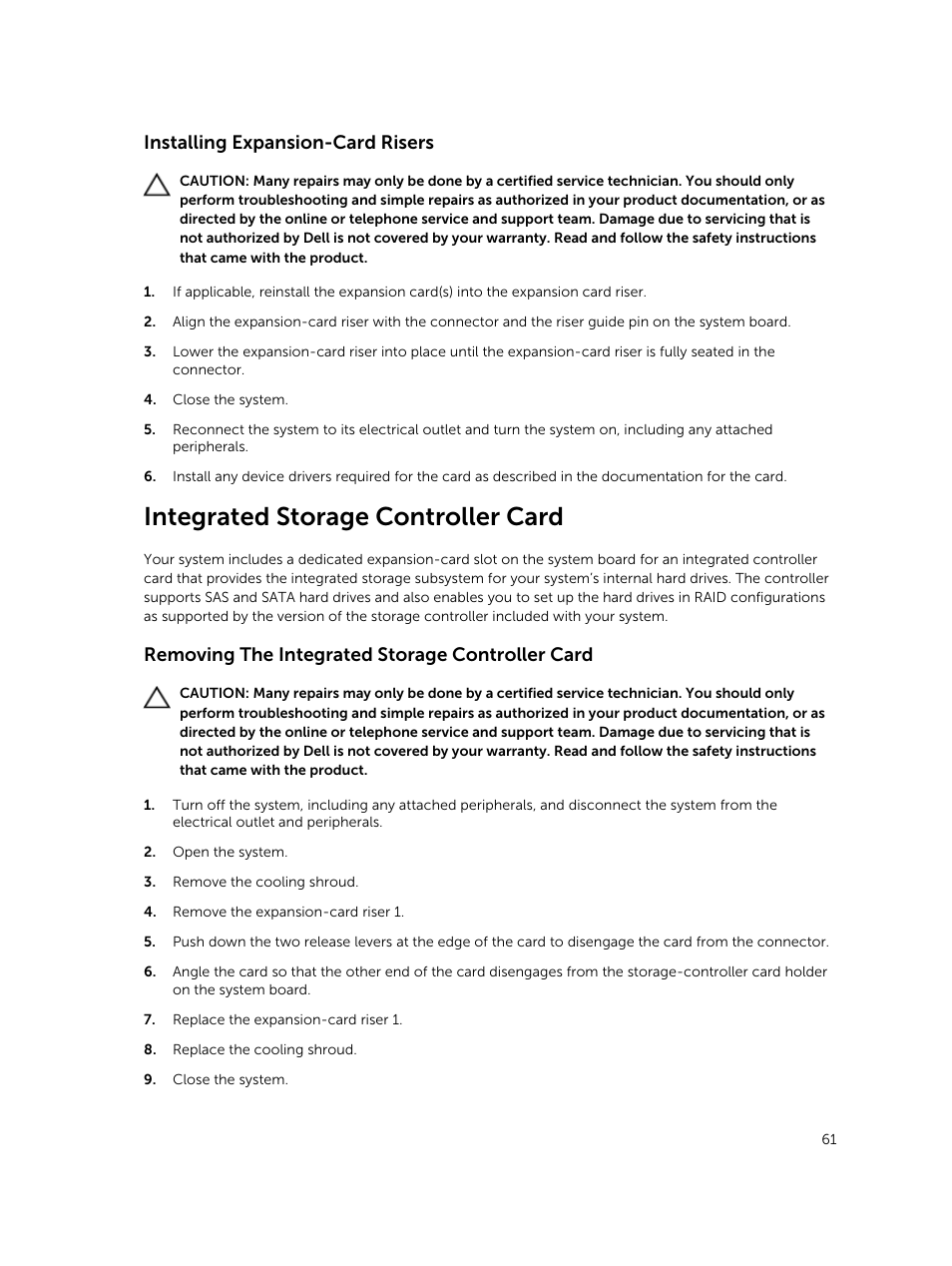 Installing expansion-card risers, Integrated storage controller card, Removing the integrated storage controller card | Dell PowerVault DR6000 User Manual | Page 61 / 124