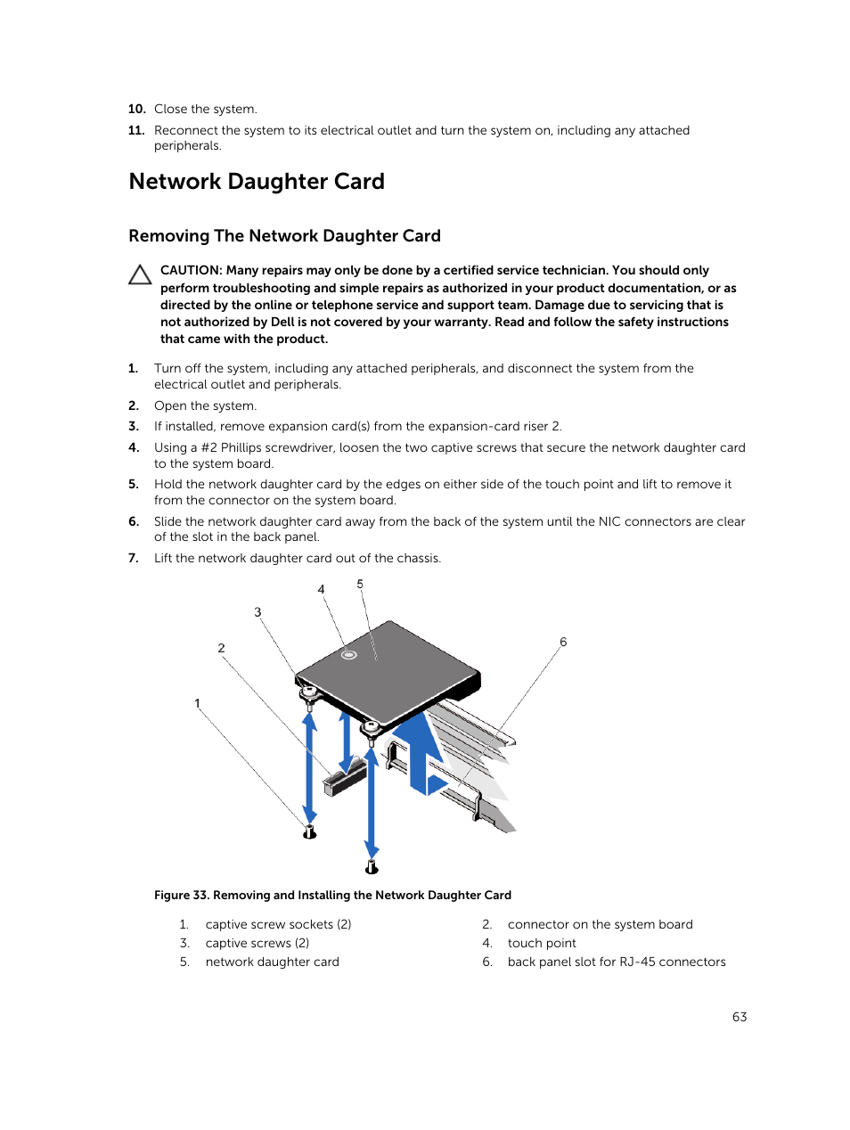 Network daughter card, Removing the network daughter card | Dell PowerVault DR6000 User Manual | Page 63 / 124