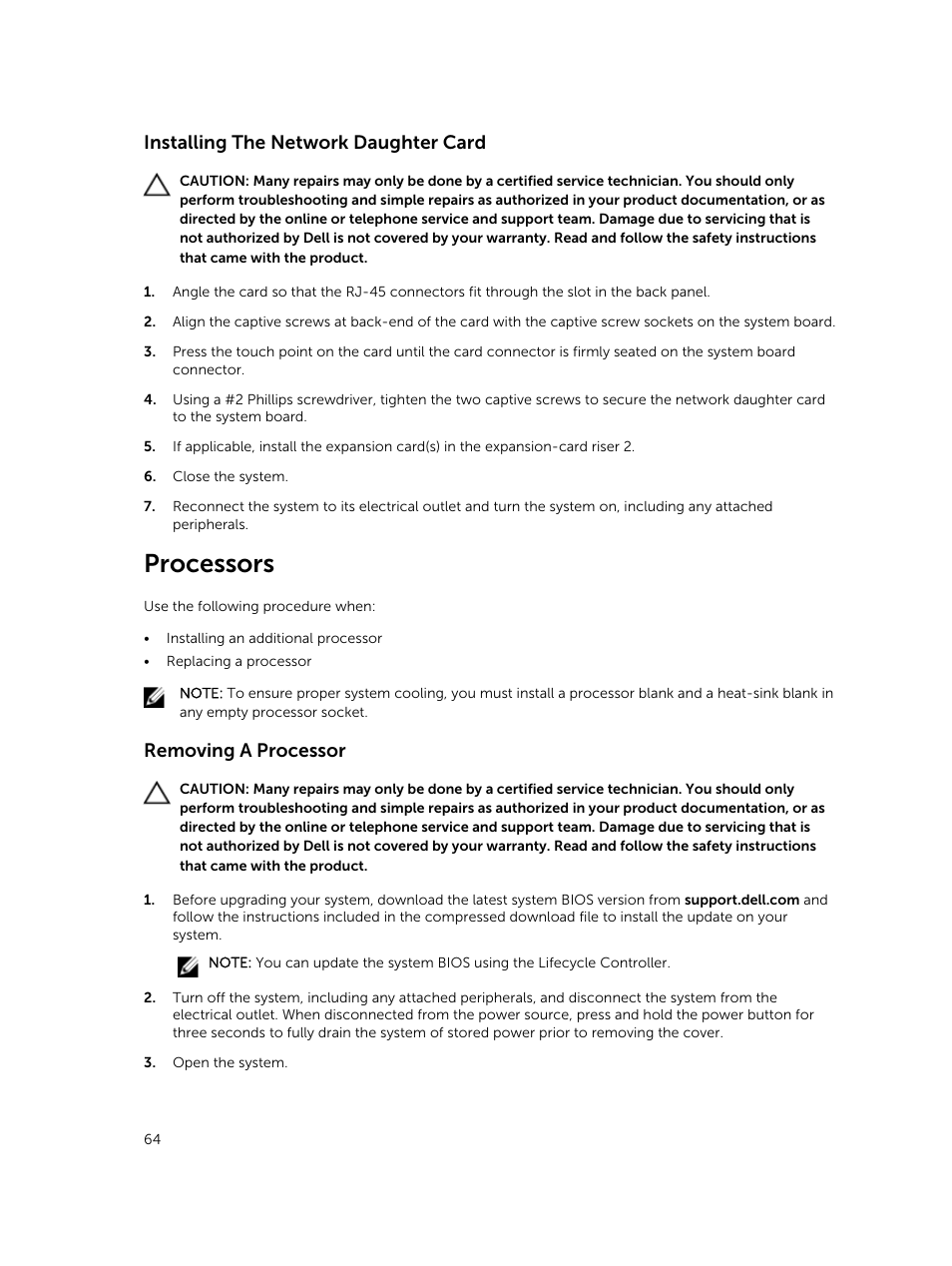 Installing the network daughter card, Processors, Removing a processor | Dell PowerVault DR6000 User Manual | Page 64 / 124