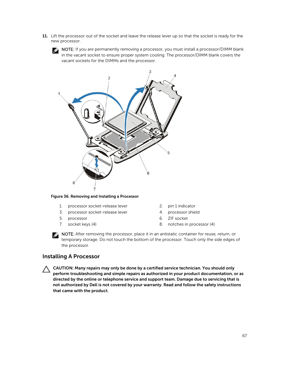 Installing a processor | Dell PowerVault DR6000 User Manual | Page 67 / 124