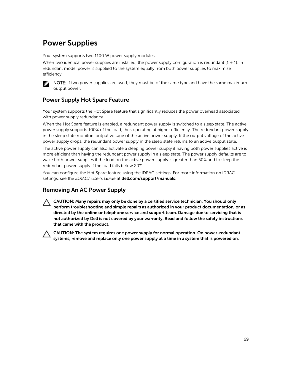 Power supplies, Power supply hot spare feature, Removing an ac power supply | Dell PowerVault DR6000 User Manual | Page 69 / 124