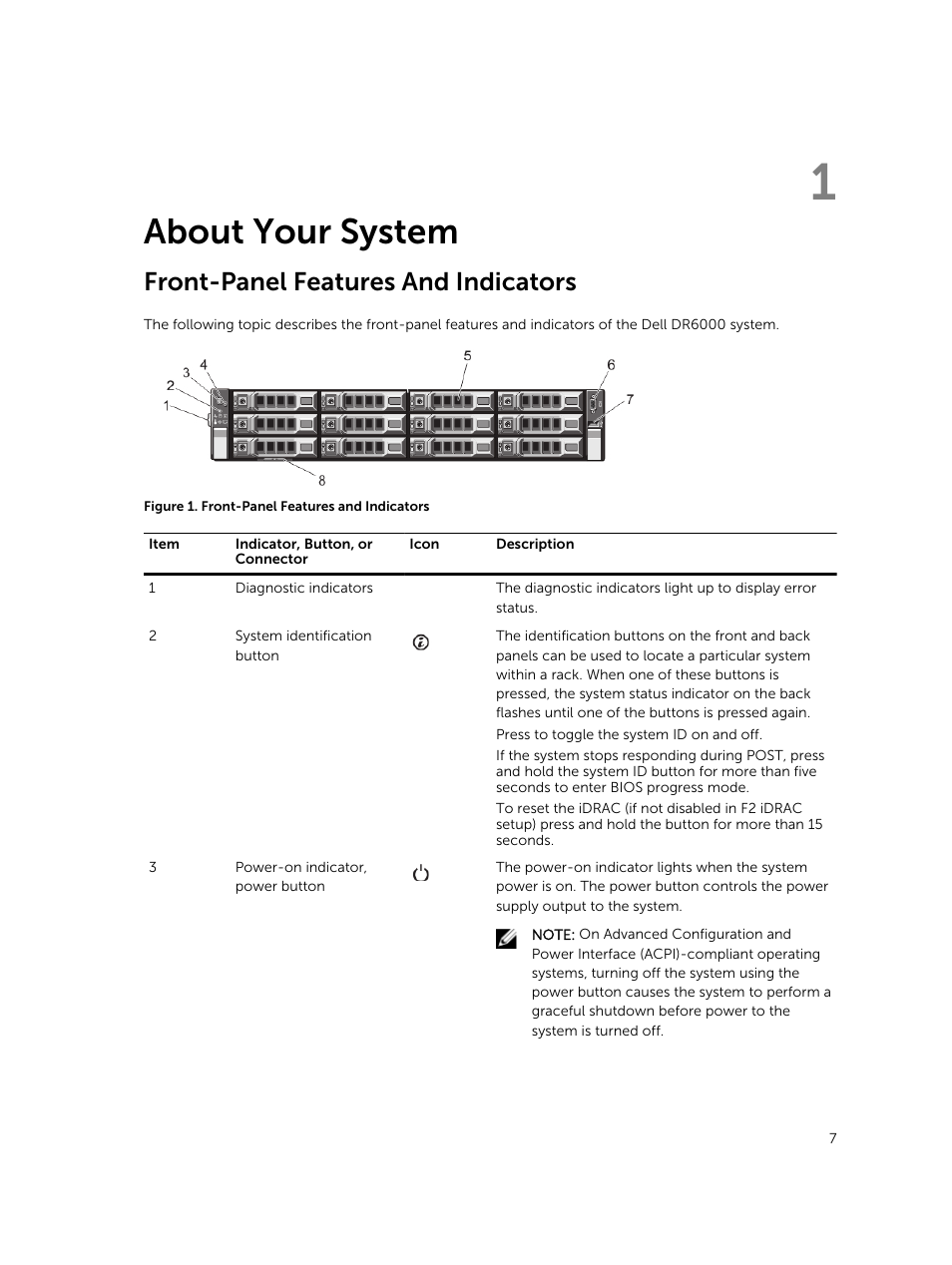 About your system, Front-panel features and indicators, 1 about your system | Dell PowerVault DR6000 User Manual | Page 7 / 124