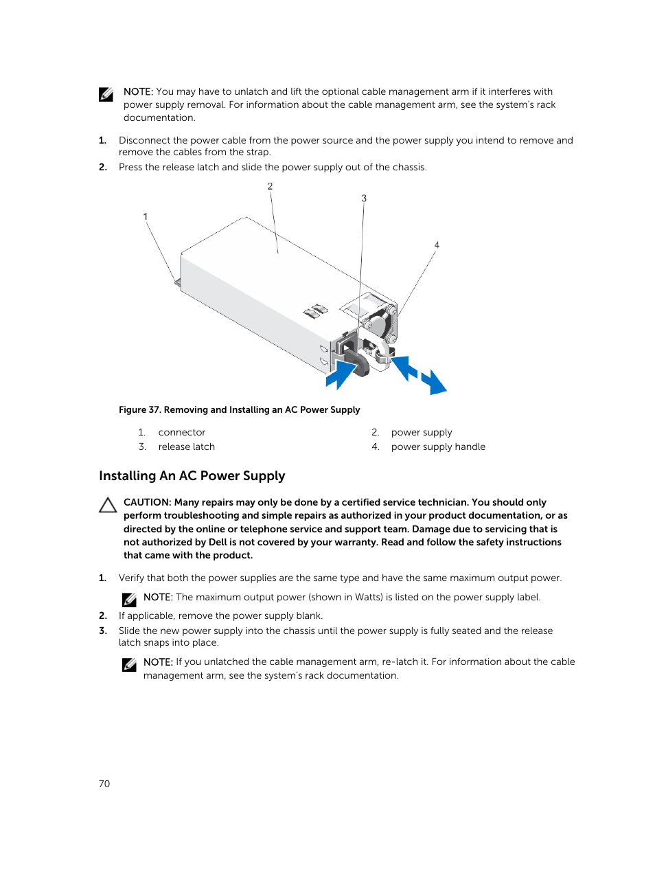 Installing an ac power supply | Dell PowerVault DR6000 User Manual | Page 70 / 124