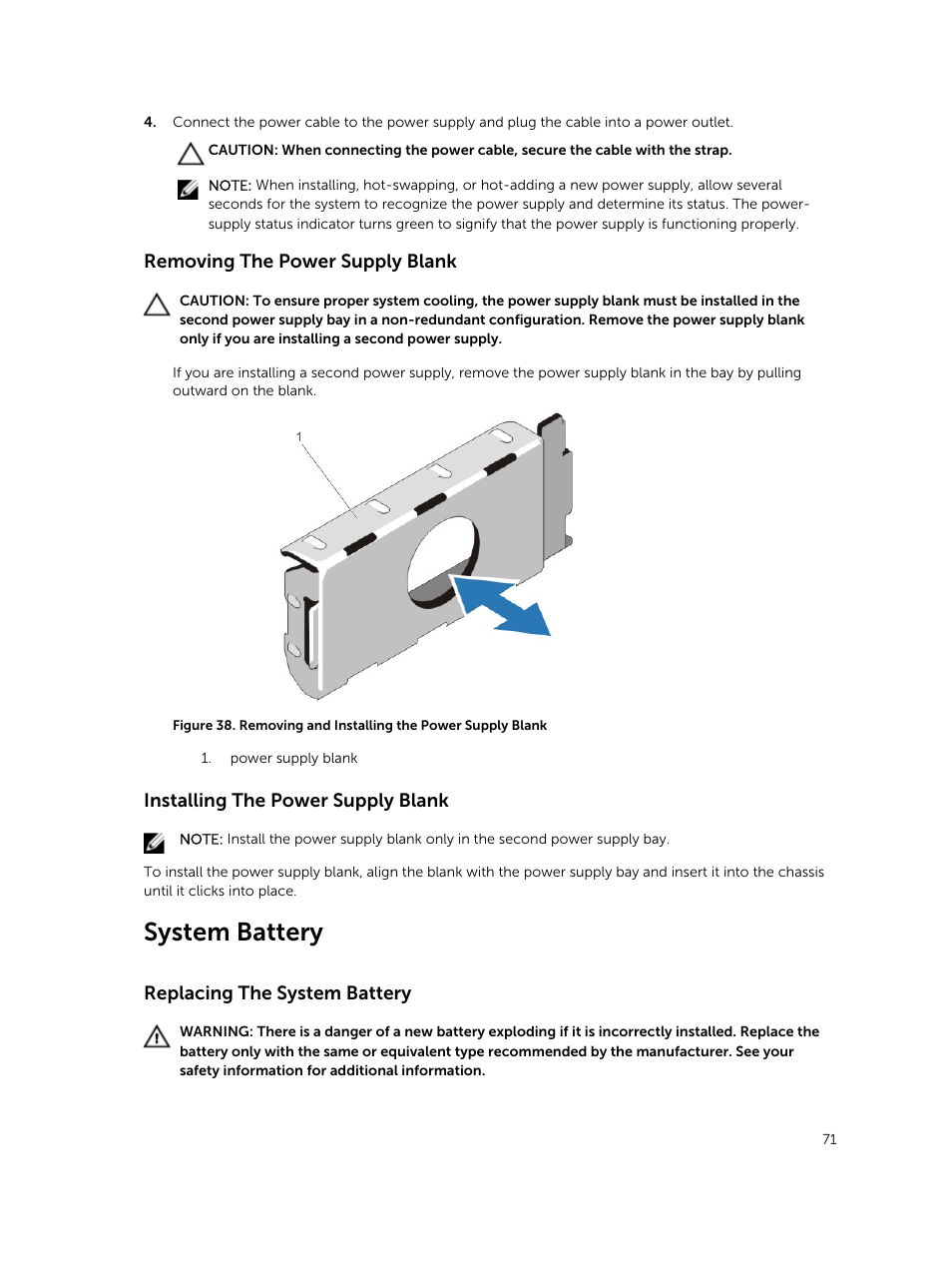 Removing the power supply blank, Installing the power supply blank, System battery | Replacing the system battery | Dell PowerVault DR6000 User Manual | Page 71 / 124