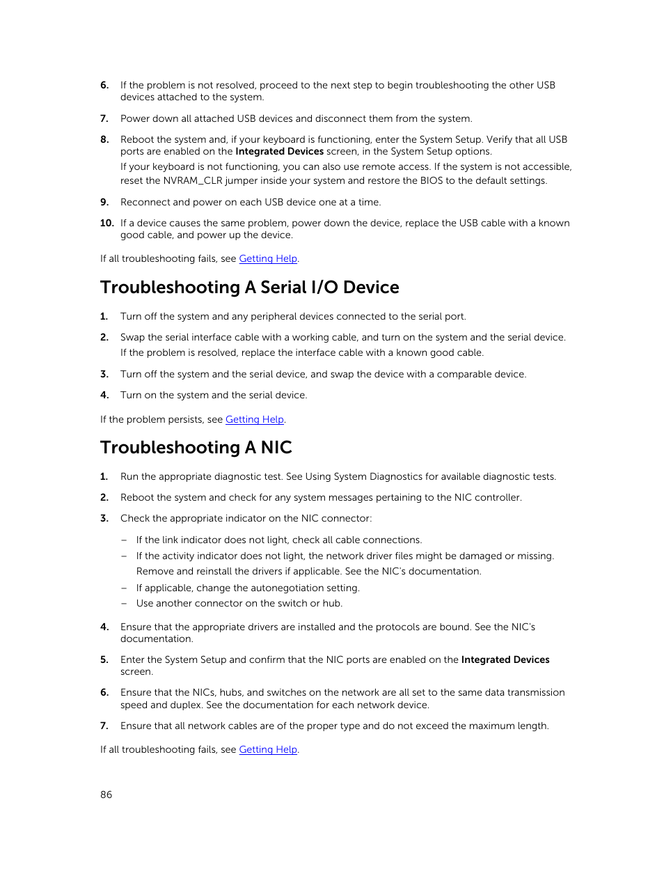 Troubleshooting a serial i/o device, Troubleshooting a nic | Dell PowerVault DR6000 User Manual | Page 86 / 124
