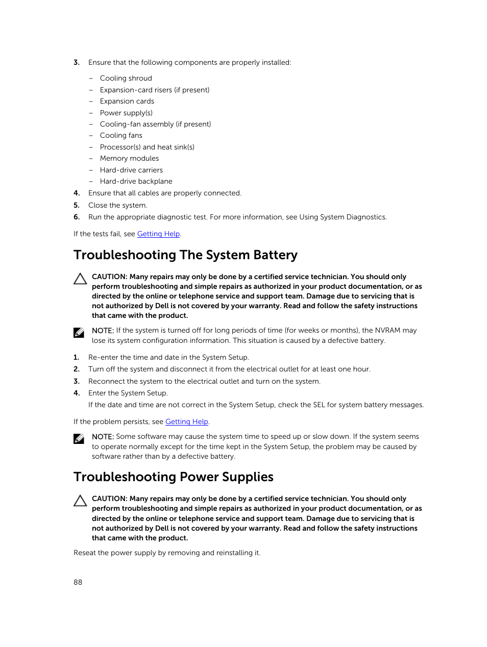 Troubleshooting the system battery, Troubleshooting power supplies | Dell PowerVault DR6000 User Manual | Page 88 / 124