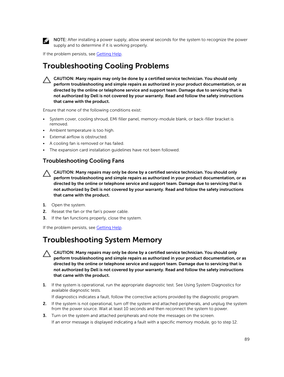 Troubleshooting cooling problems, Troubleshooting cooling fans, Troubleshooting system memory | Dell PowerVault DR6000 User Manual | Page 89 / 124