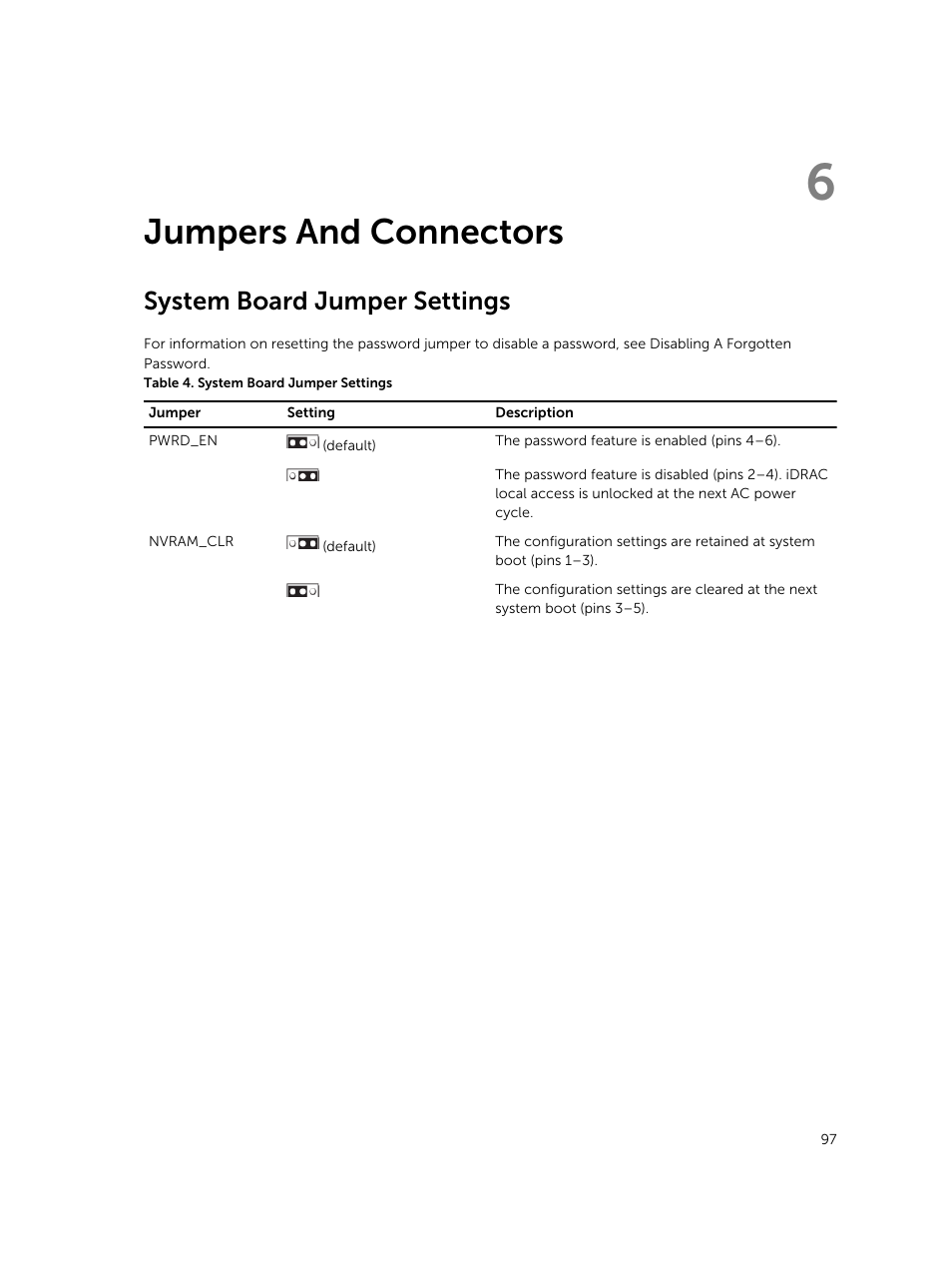 Jumpers and connectors, System board jumper settings, 6 jumpers and connectors | Dell PowerVault DR6000 User Manual | Page 97 / 124