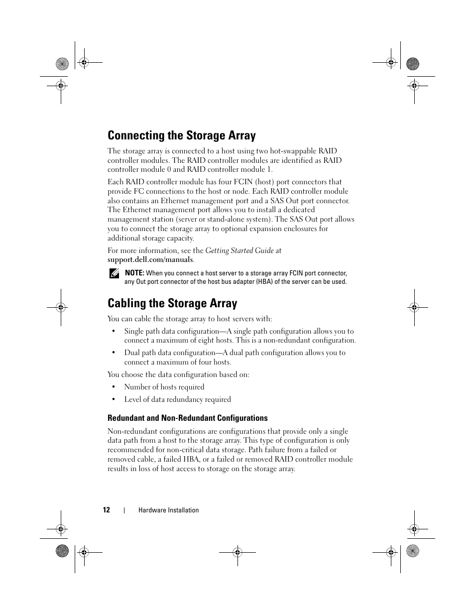 Connecting the storage array, Cabling the storage array, Redundant and non-redundant configurations | Redundant and non-redundant, Configurations | Dell POWERVAULT MD3620F User Manual | Page 12 / 38