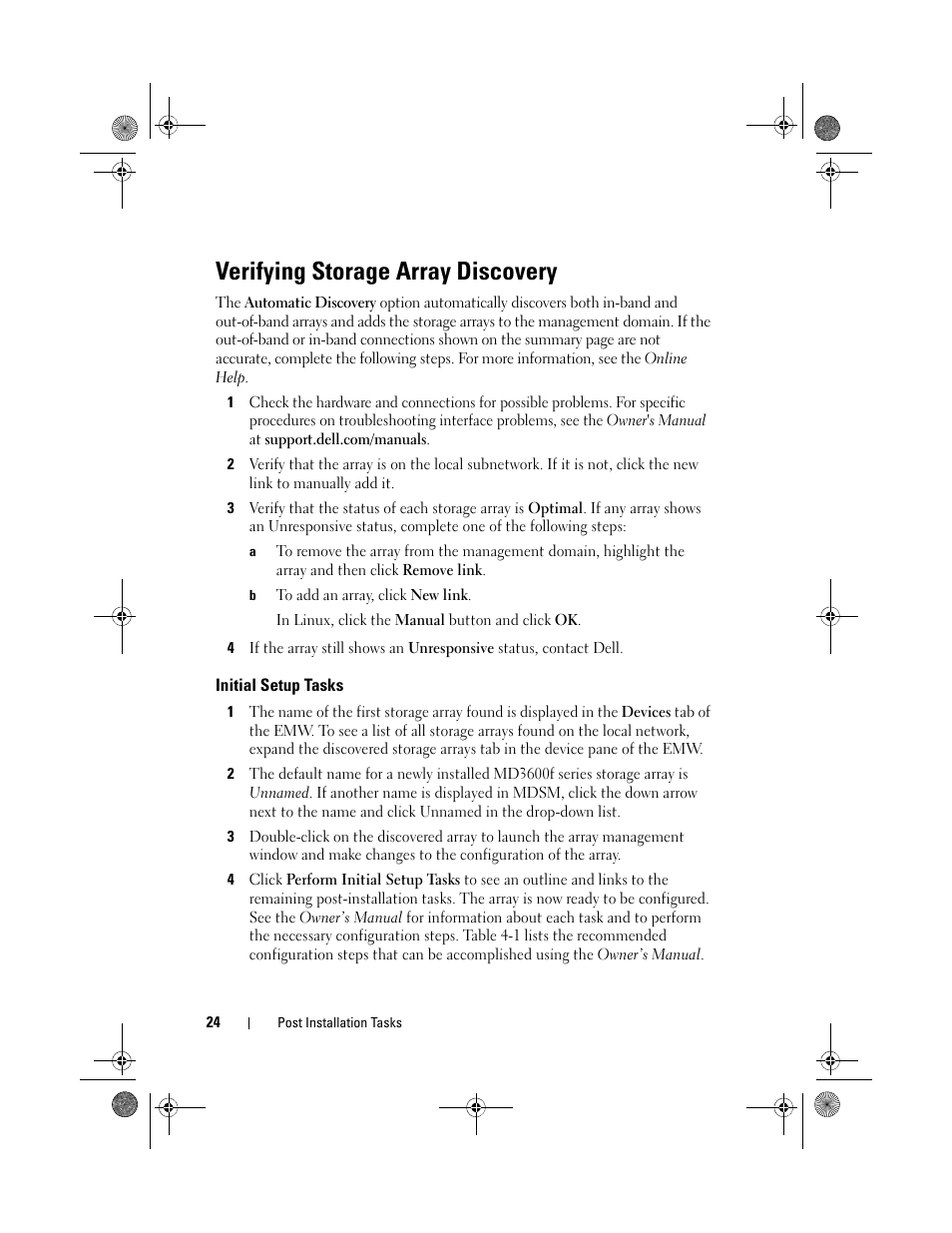 Verifying storage array discovery, Initial setup tasks | Dell POWERVAULT MD3620F User Manual | Page 24 / 38