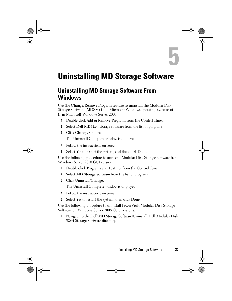 Uninstalling md storage software, Uninstalling md storage software from windows, Rsion (see "uninstalling md storage | Dell POWERVAULT MD3620F User Manual | Page 27 / 38