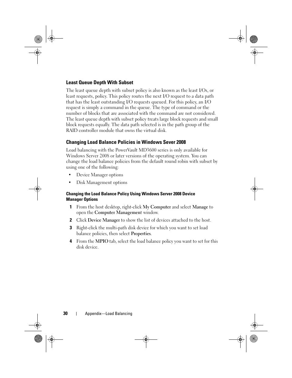 Least queue depth with subset, Changing load balance policies in, Windows sever 2008 | Dell POWERVAULT MD3620F User Manual | Page 30 / 38