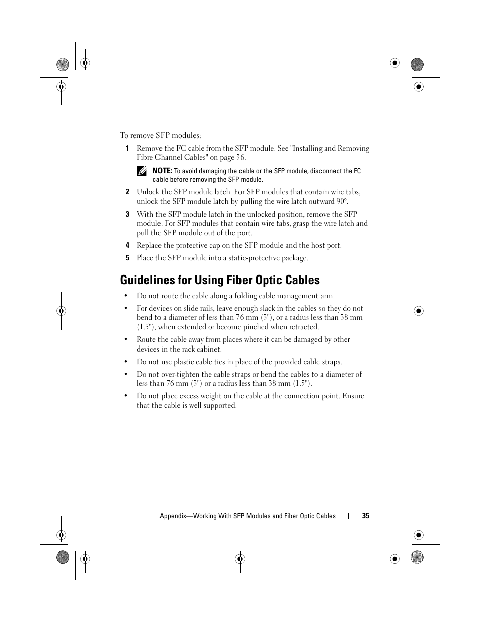 Guidelines for using fiber optic cables | Dell POWERVAULT MD3620F User Manual | Page 35 / 38