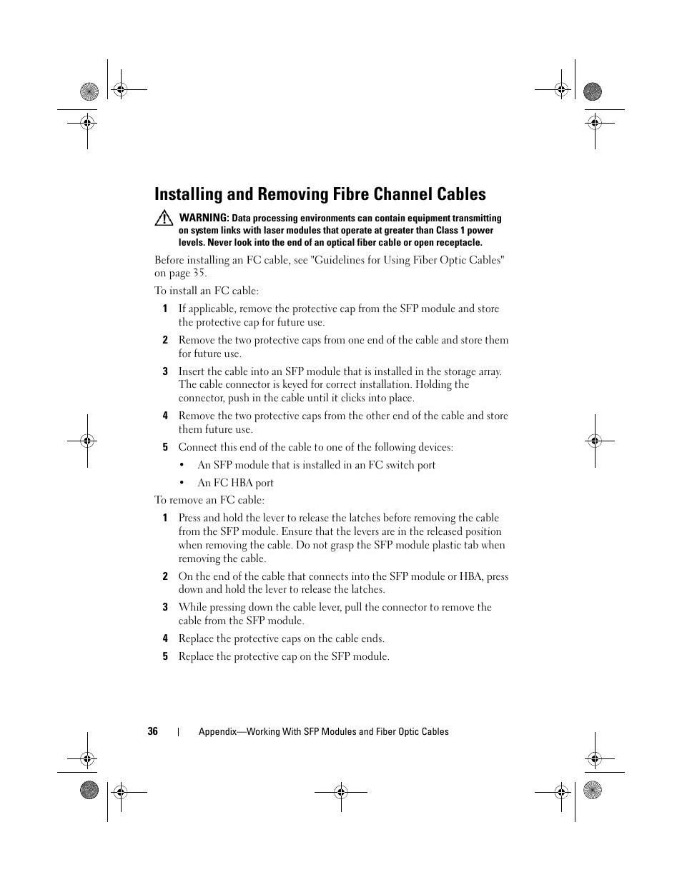 Installing and removing fibre channel cables | Dell POWERVAULT MD3620F User Manual | Page 36 / 38