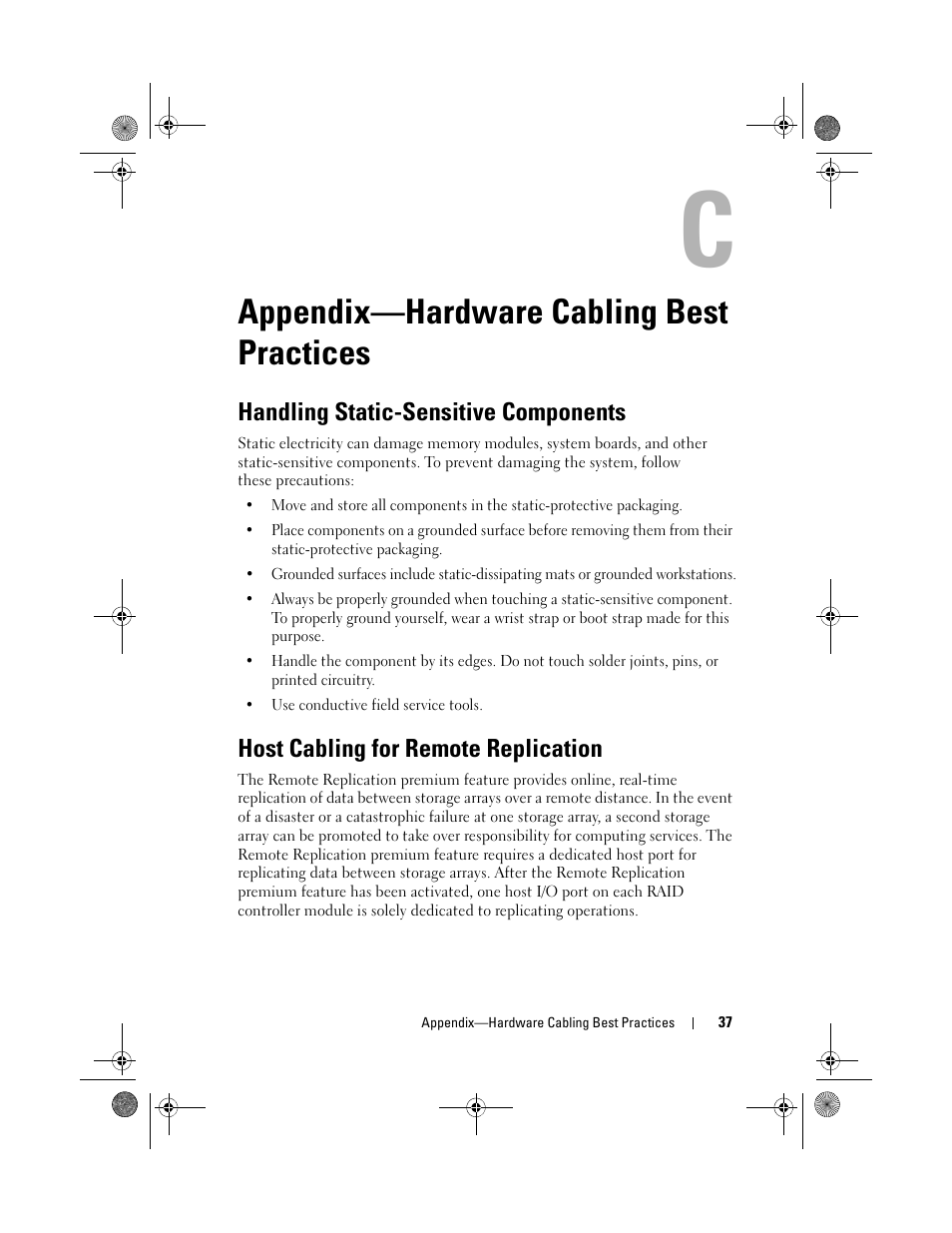 Handling static-sensitive components, Host cabling for remote replication, Appendix—hardware cabling | Best practices, Appendix—hardware cabling best practices | Dell POWERVAULT MD3620F User Manual | Page 37 / 38