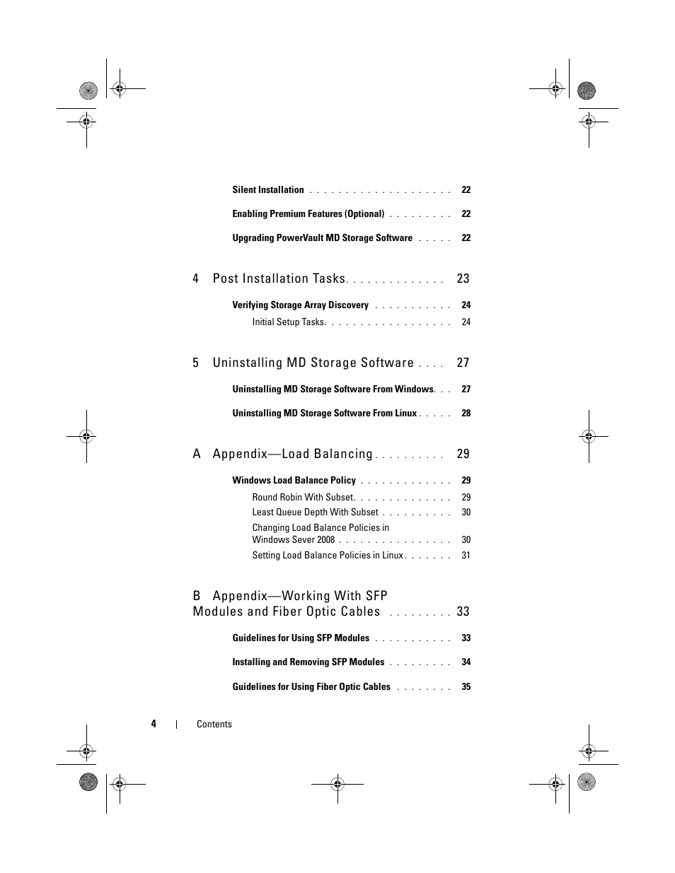 4 post installation tasks, 5 uninstalling md storage software, A appendix—load balancing | Dell POWERVAULT MD3620F User Manual | Page 4 / 38