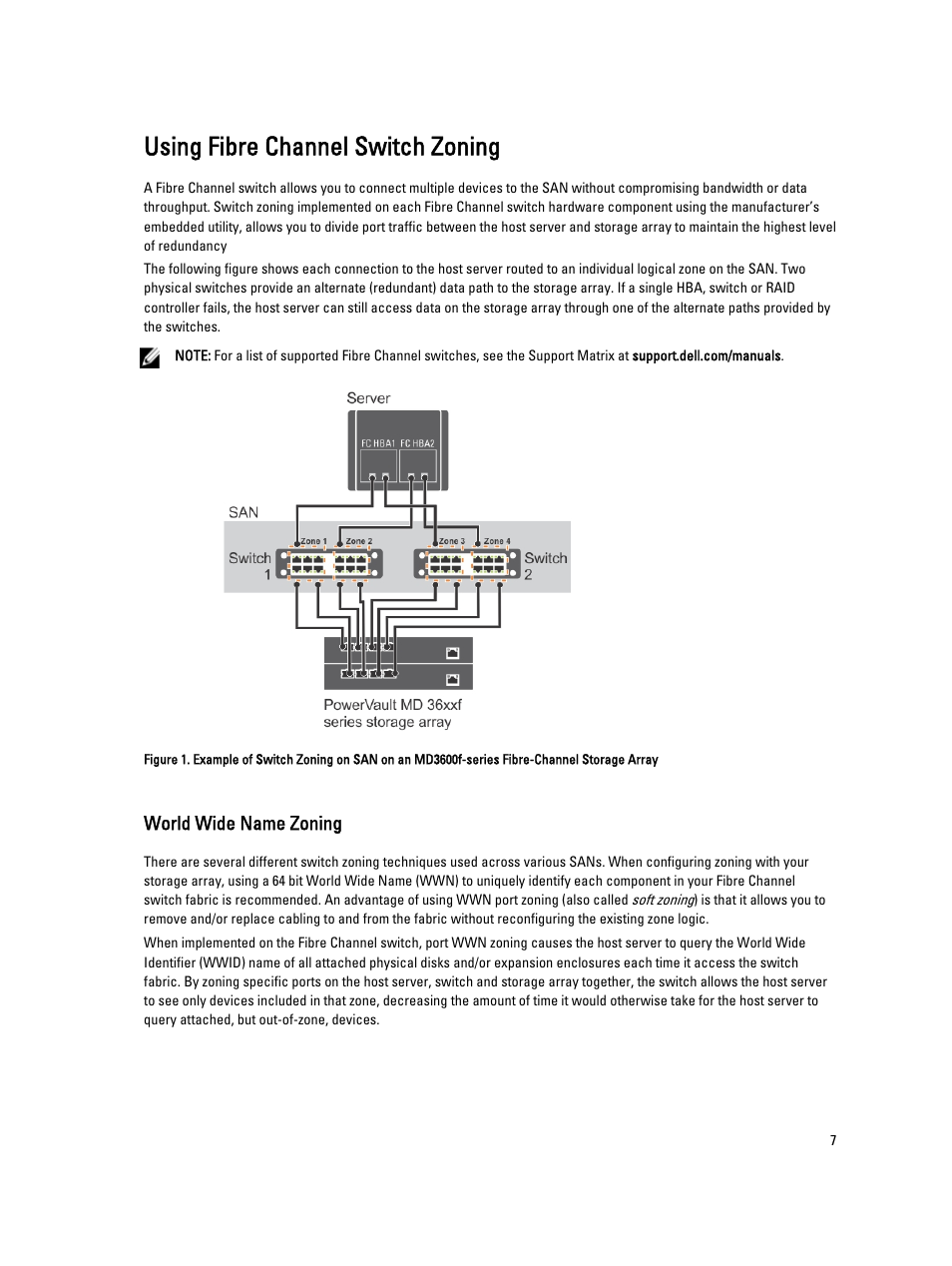 Using fibre channel switch zoning, World wide name zoning | Dell POWERVAULT MD3620F User Manual | Page 7 / 17