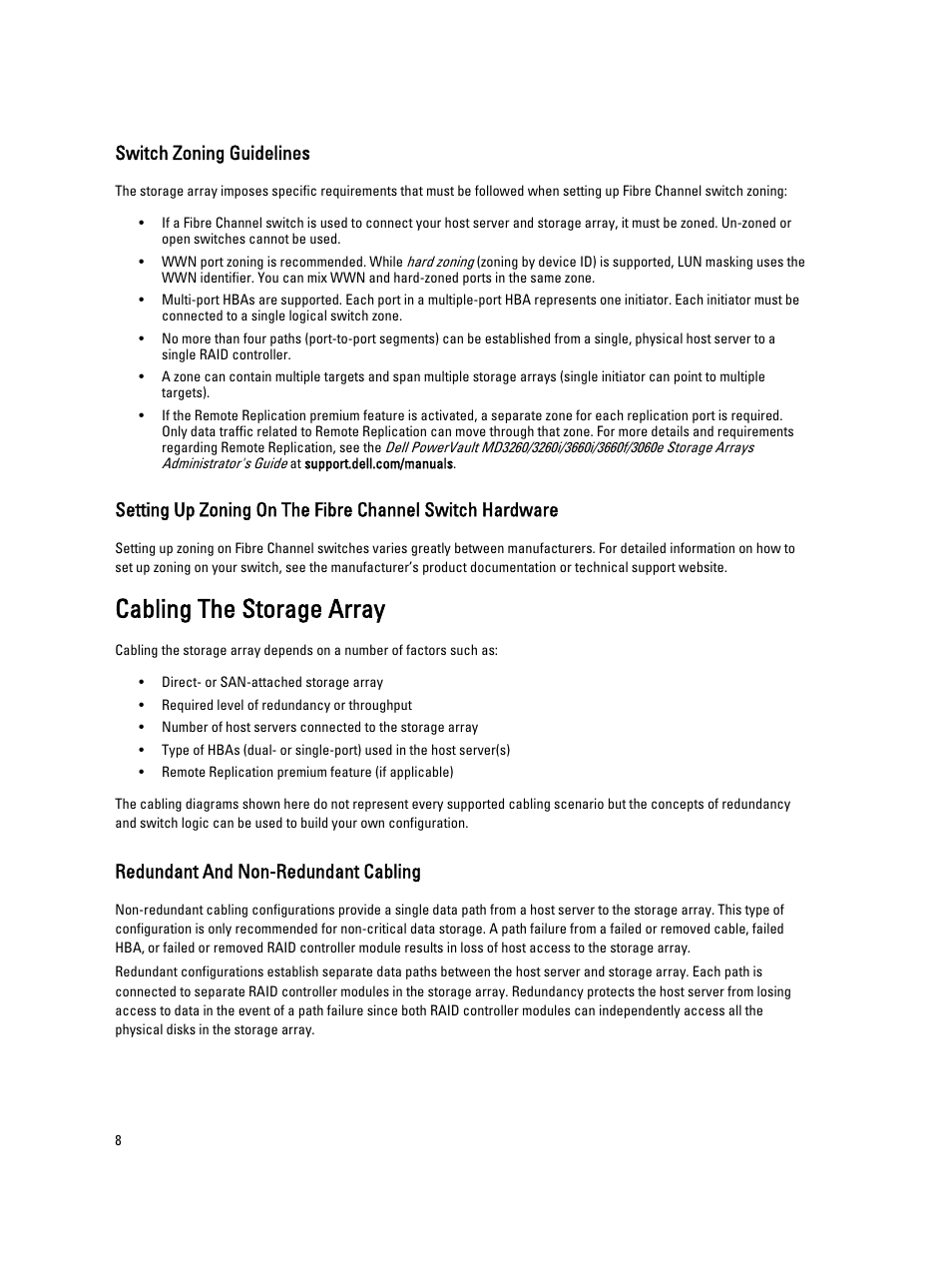 Switch zoning guidelines, Cabling the storage array, Redundant and non-redundant cabling | Dell POWERVAULT MD3620F User Manual | Page 8 / 17