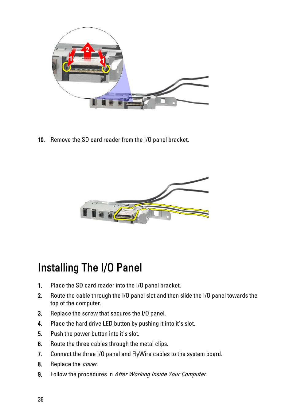 Installing the i/o panel | Dell Vostro 260 (Mid 2011) User Manual | Page 36 / 71