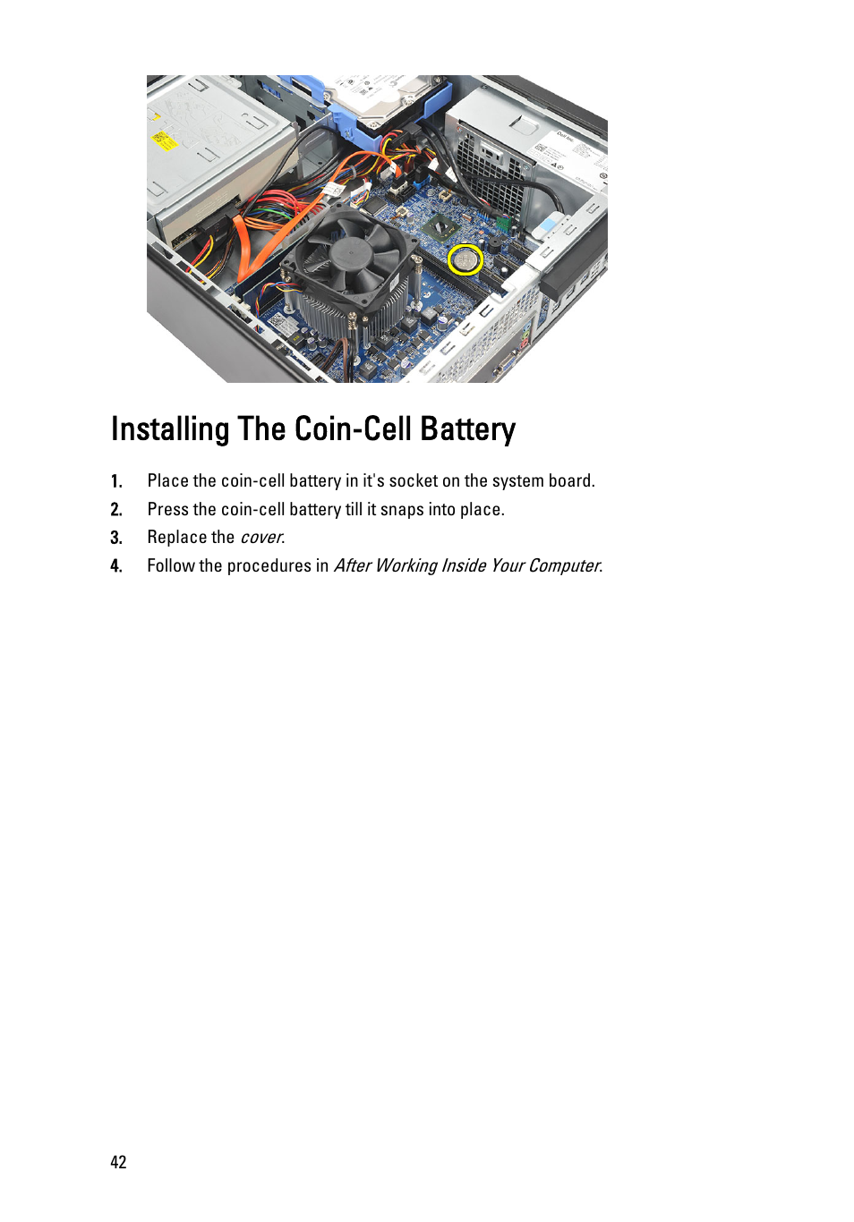 Installing the coin-cell battery | Dell Vostro 260 (Mid 2011) User Manual | Page 42 / 71