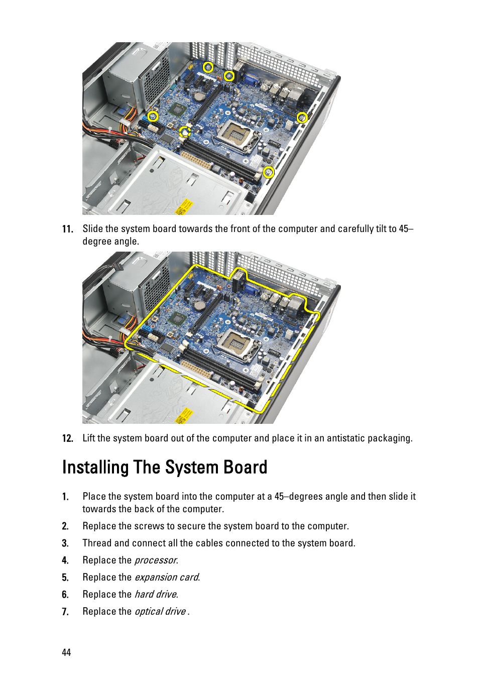 Installing the system board | Dell Vostro 260 (Mid 2011) User Manual | Page 44 / 71