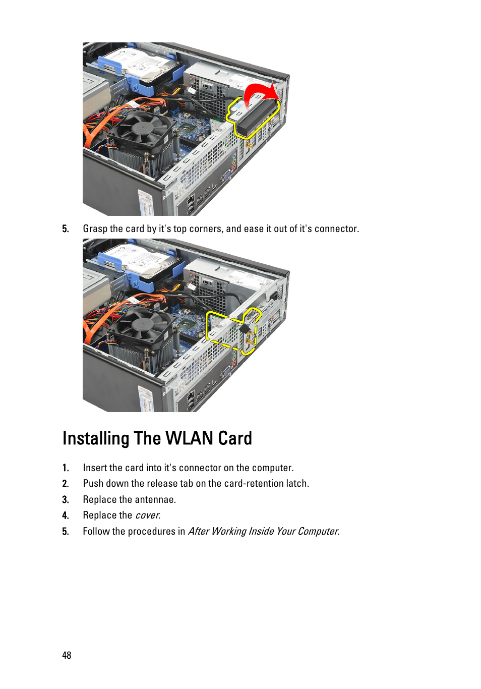 Installing the wlan card | Dell Vostro 260 (Mid 2011) User Manual | Page 48 / 71