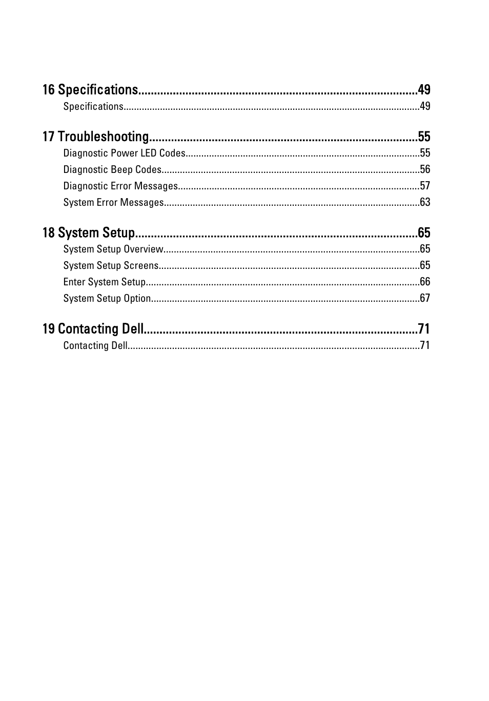 16 specifications, 17 troubleshooting, 18 system setup | 19 contacting dell | Dell Vostro 260 (Mid 2011) User Manual | Page 5 / 71