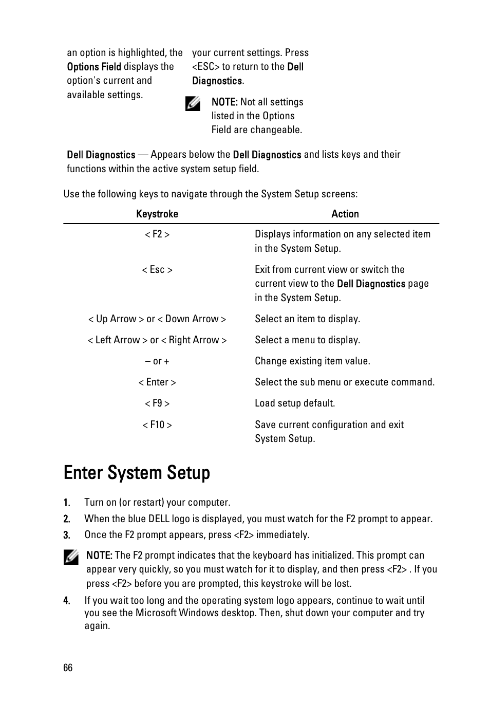 Enter system setup | Dell Vostro 260 (Mid 2011) User Manual | Page 66 / 71