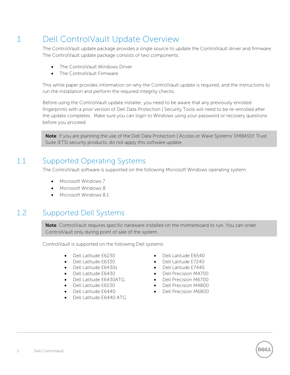 Dell controlvault update overview, Supported operating systems, Supported dell systems | 1dell controlvault update overview, 1 supported operating systems, 2 supported dell systems | Dell Latitude E6530 (Mid 2012) User Manual | Page 5 / 8