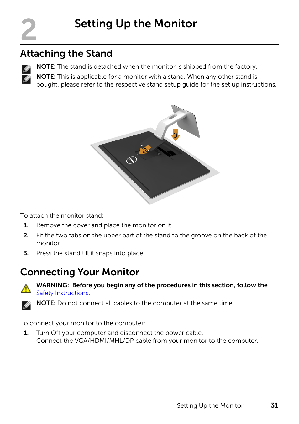 Setting up the monitor, Attaching the stand, Connecting your monitor | Dell UZ2715H Monitor User Manual | Page 31 / 69