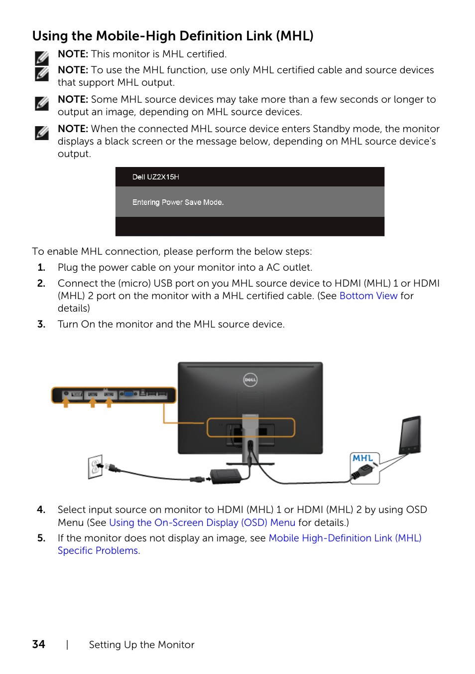 Using the mobile-high definition link (mhl) | Dell UZ2715H Monitor User Manual | Page 34 / 69