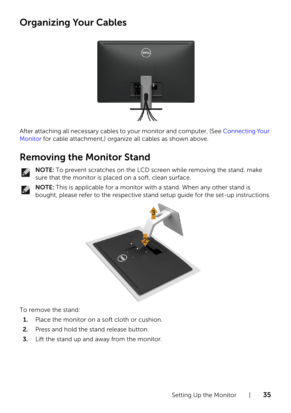 Organizing your cables, Removing the monitor stand | Dell UZ2715H Monitor User Manual | Page 35 / 69