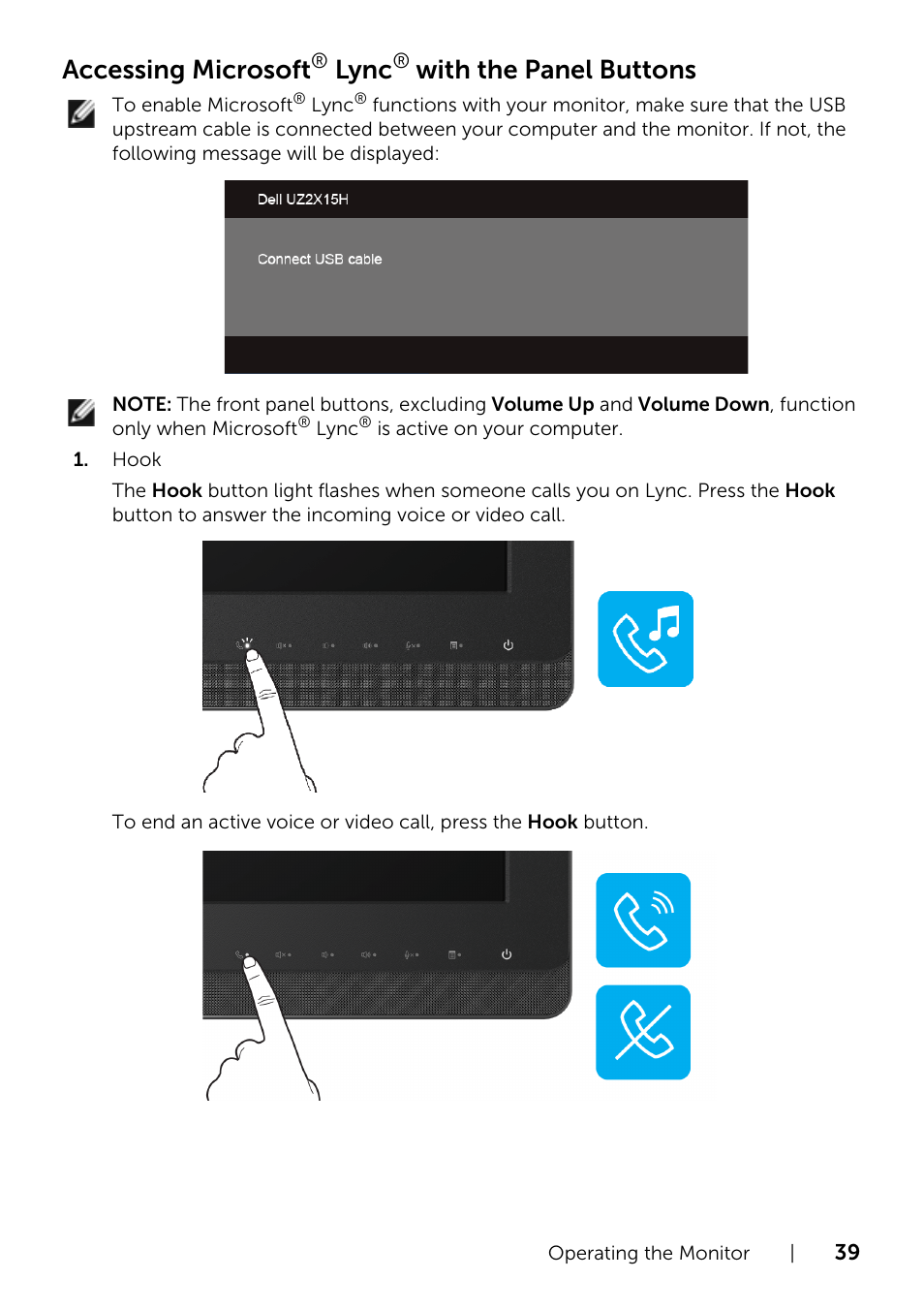Accessing microsoft, Lync, With the panel buttons | Dell UZ2715H Monitor User Manual | Page 39 / 69